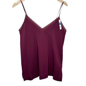 Natori Womens Bliss Cotton Cami Burgundy Tank Top With Lace Trim XL